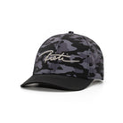 Camouflage baseball cap with a brand logo on a white background