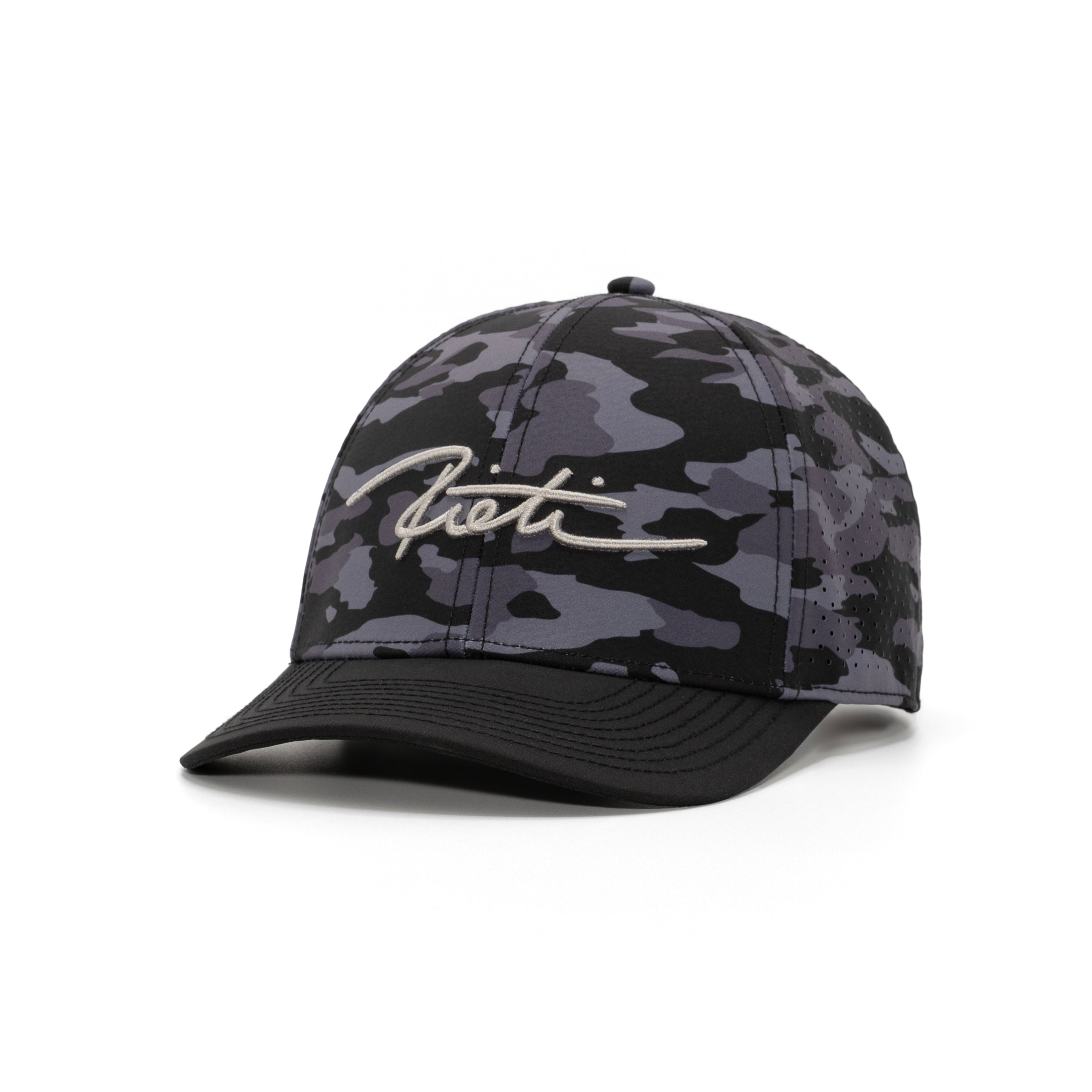 Camouflage baseball cap with a brand logo on a white background